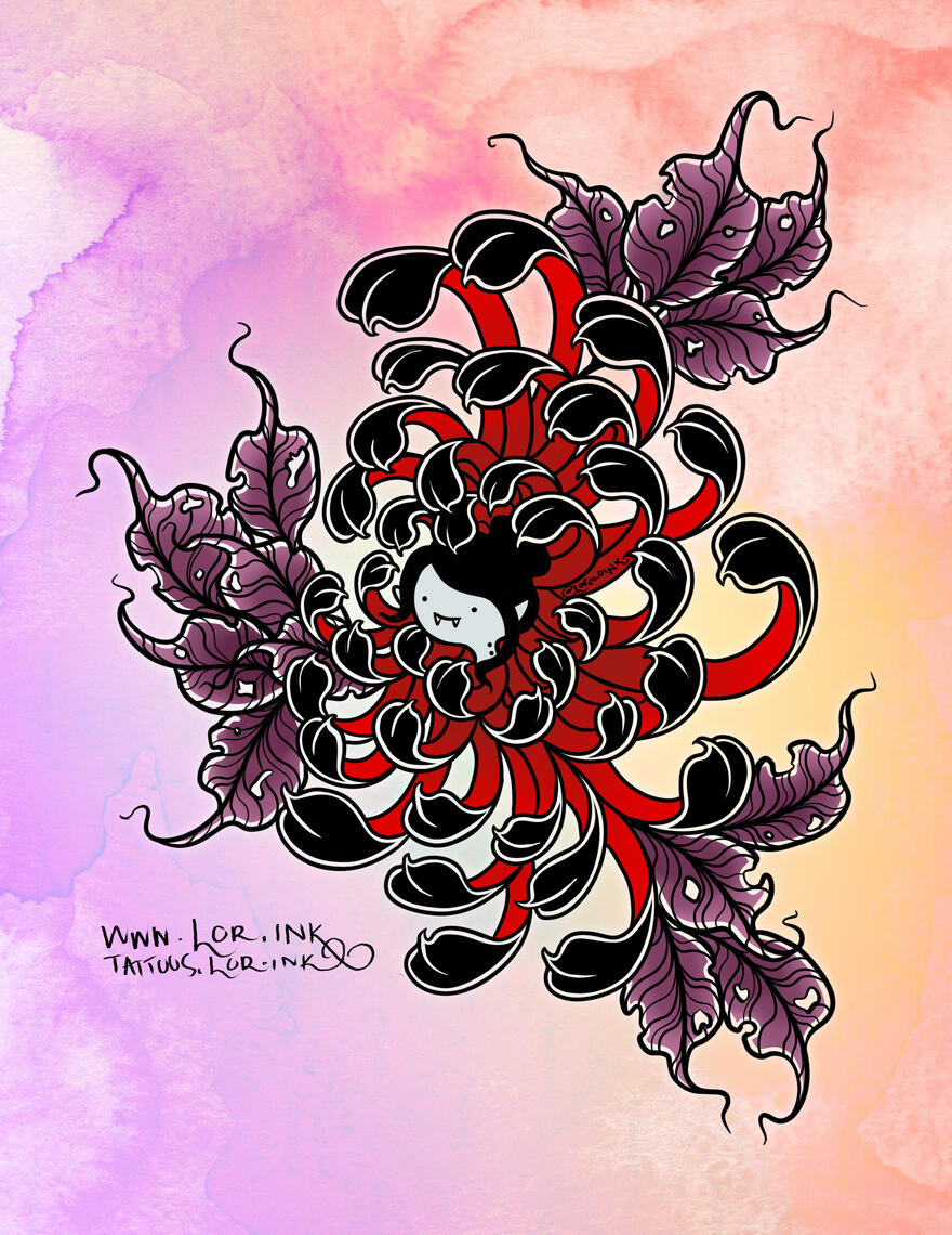 Illustration inspired by Adventure Time's Marceline the Vampire queen re-imagined as chrysanthemum. Available tattoo flash design.