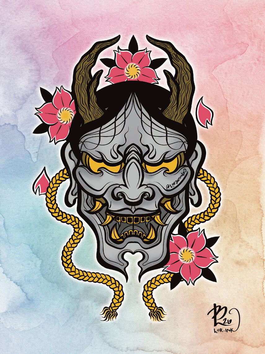 Japanese Tattoo Style Grey Hannya Mask with Pink Cherry blossoms, gold eyes, gold teeth, and golden rope