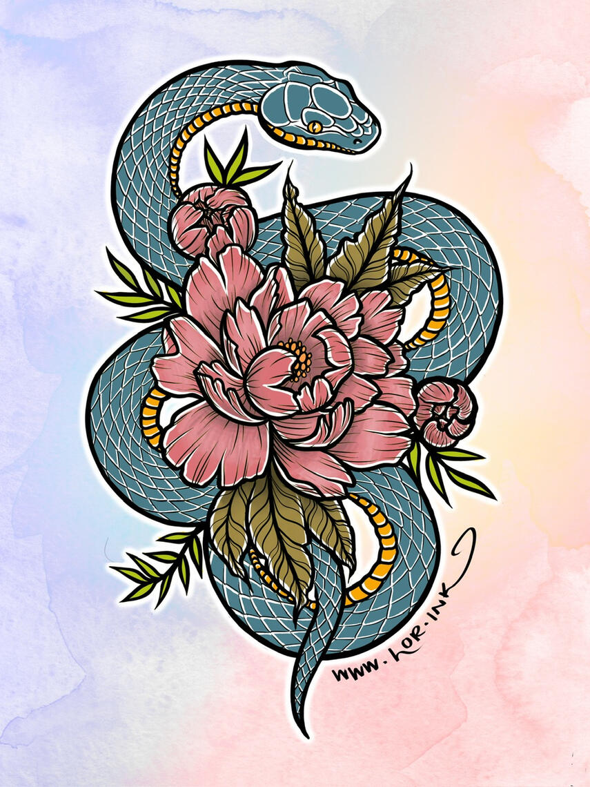 Snake with Peonies