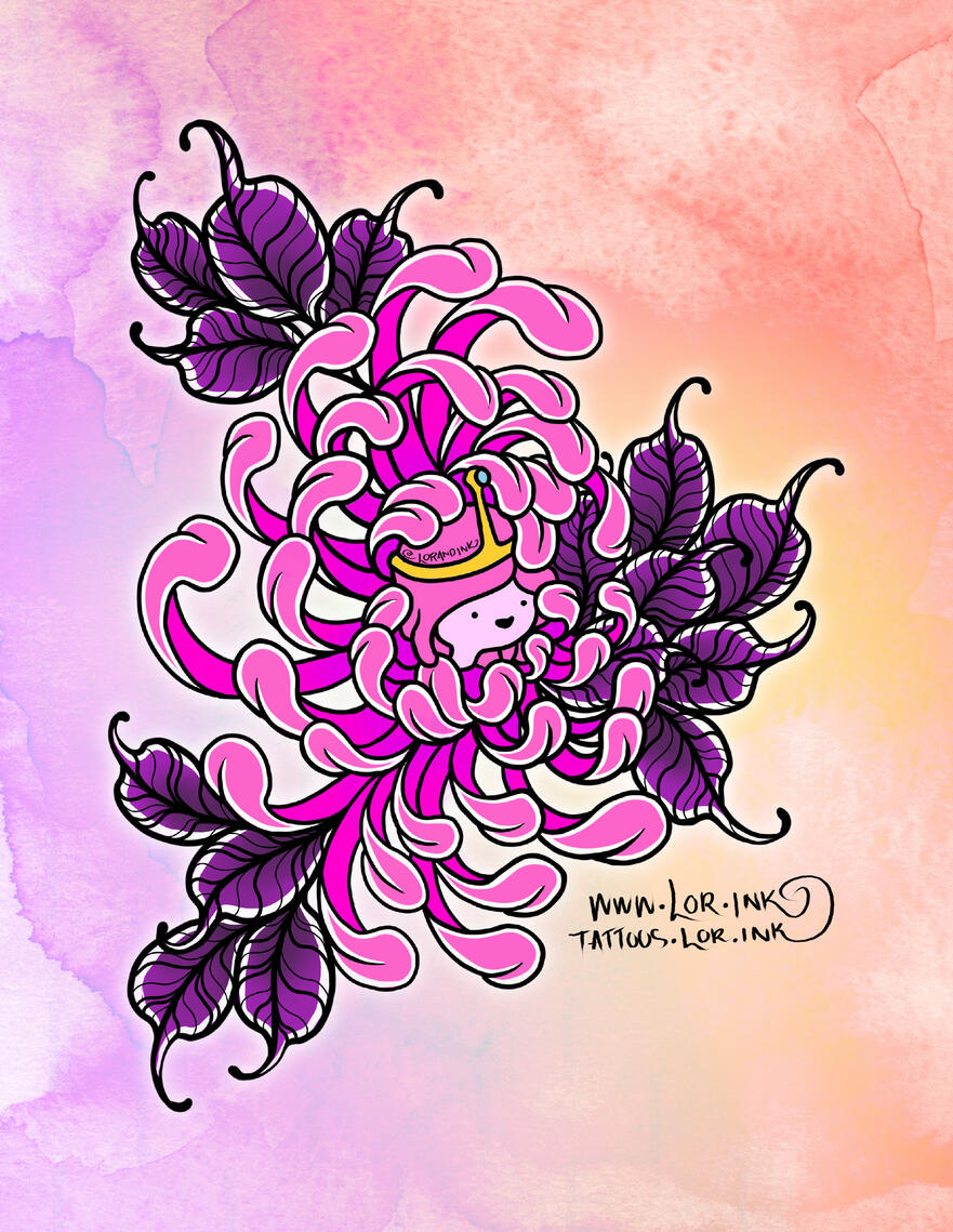 A tattoo design of Princess Bubblegum from the show Adventure Time re-imagined as a chrysanthemum flower with pink petals and purple leaves.
