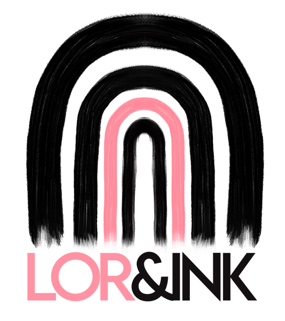LOR&INK LOR&INK Logo - black rainbow with one pink beam written "LOR&INK" in pink and black underneath.